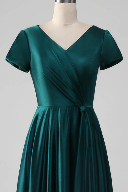 Peacock Satin V-neck A-line Pleated Mother of the Bride Dress