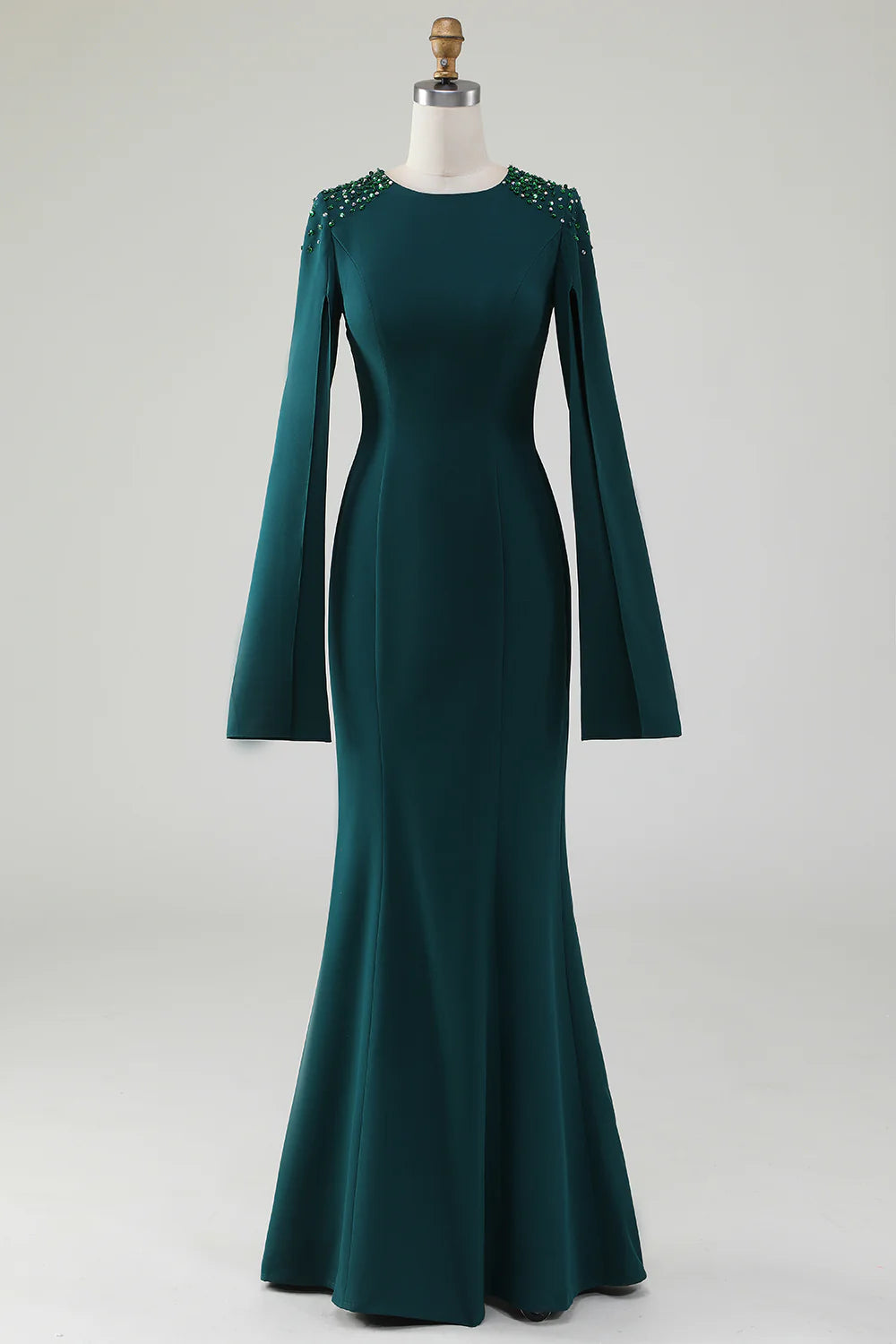 Dark Green Mermaid Round Neck Gown With Beaded Cape Sleeves