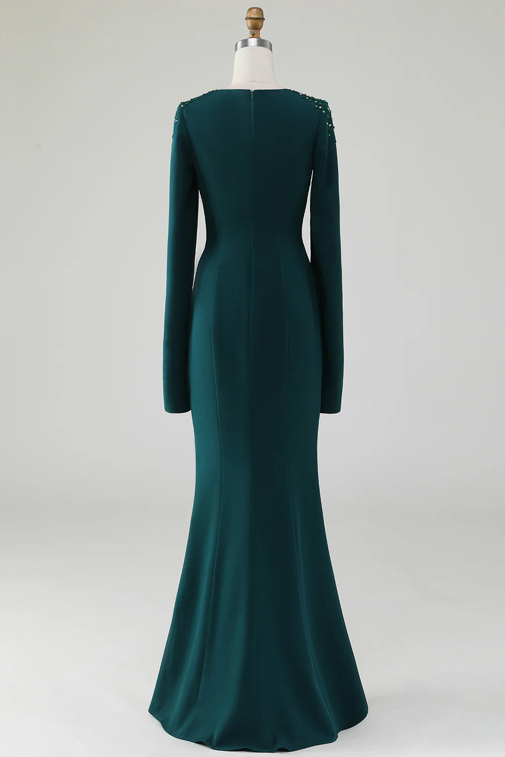 Dark Green Mermaid Round Neck Gown With Beaded Cape Sleeves