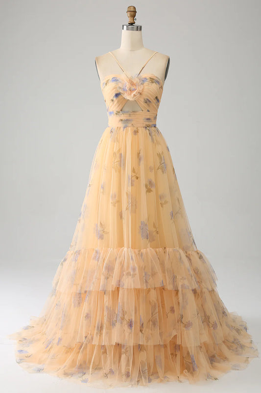 Beaira Yellow A-Line Halter Pleated Tulle Tiered Prom Dress With Embroidery