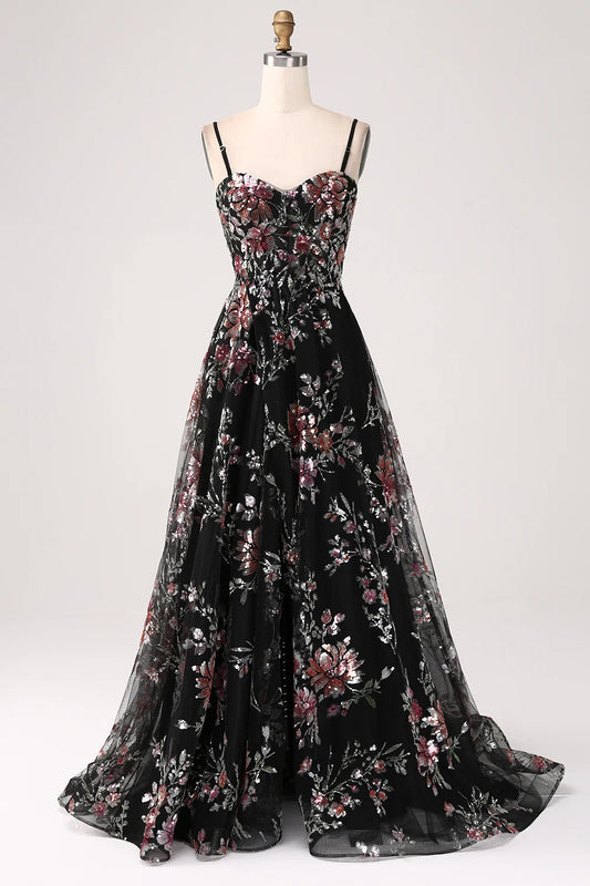 Beaira Black A-Line Flower Sequins Long Corset Prom Dress