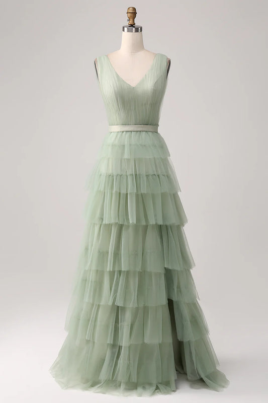 Beaira Pleated Tiered Green Prom Dress with Slit