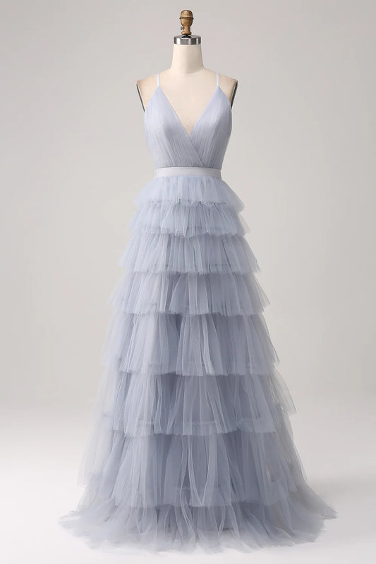 Beaira Grey Blue A Line Tiered Tulle Backless Long Prom Dress