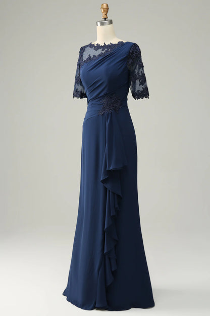 Navy Sheath Mother of Bride Dress with Appliques