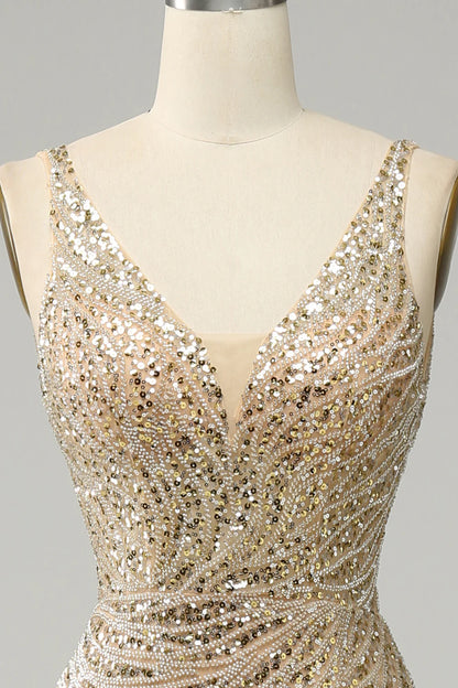 Golden Backless Sequin Prom Dress