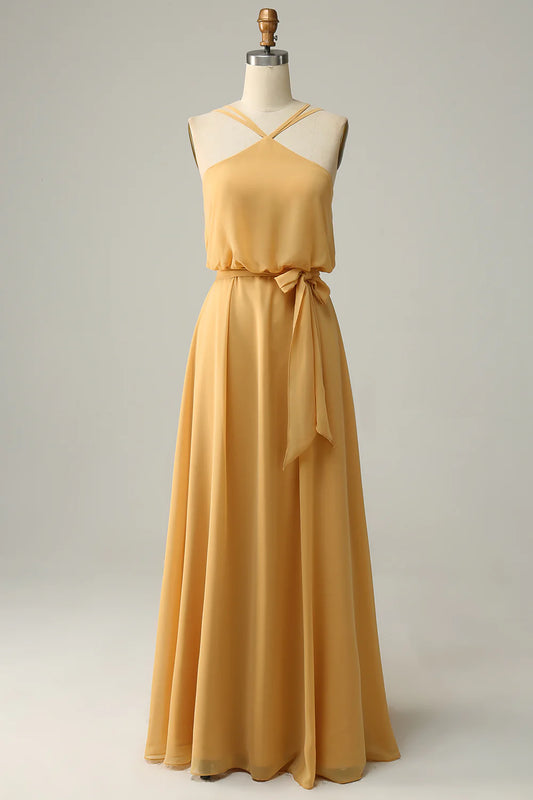 Beaira A Line Halter Yellow Long Bridesmaid Dress with Bowknot