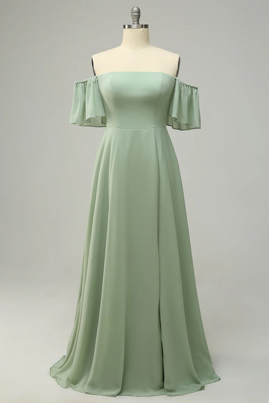 Beaira A Line Off the Shoulder Green Long Bridesmaid Dress with Ruffles