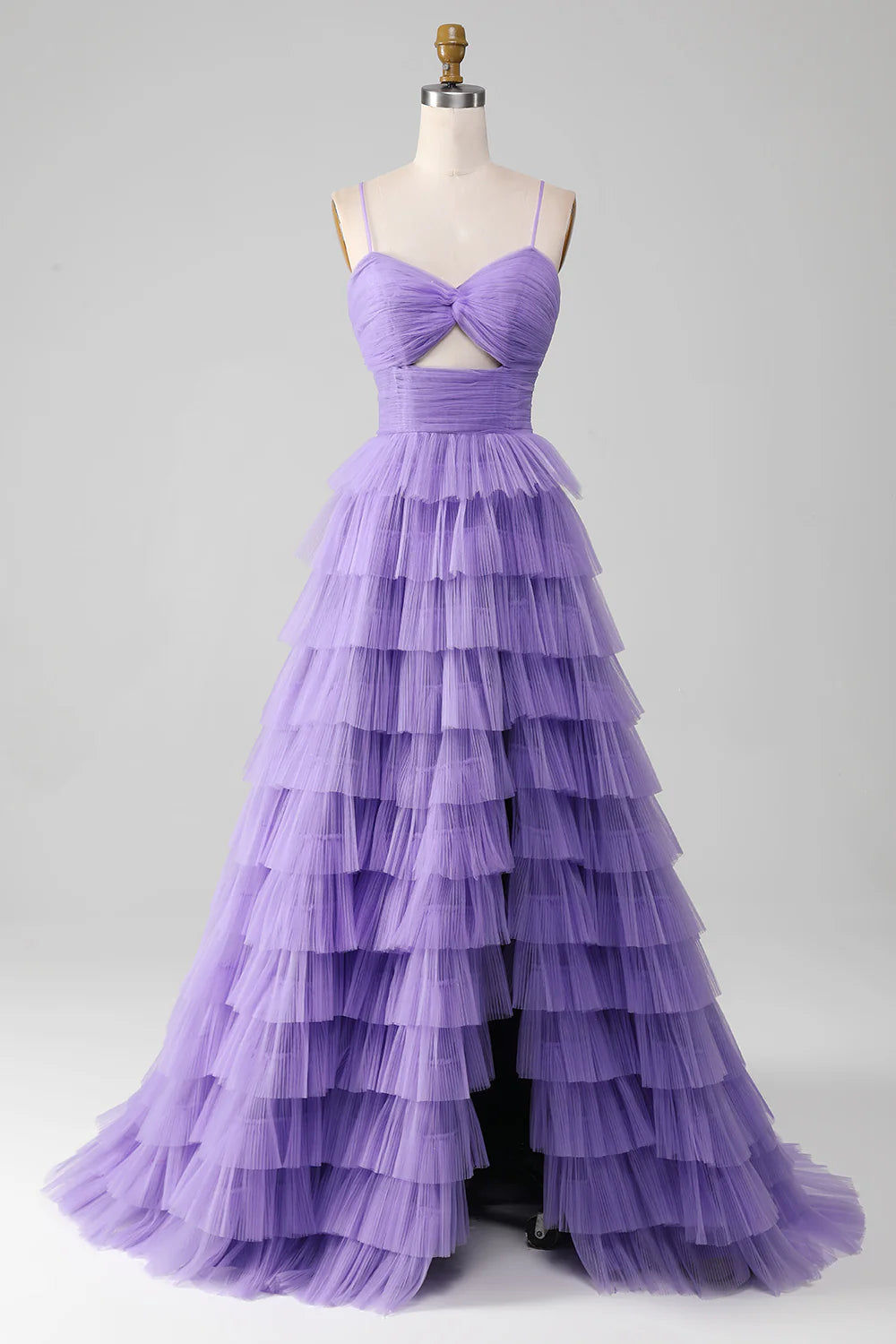 Tulle A-Line Tiered Long Prom Dress with Slit