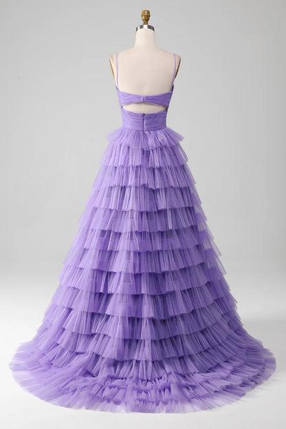 Tulle A-Line Tiered Long Prom Dress with Slit