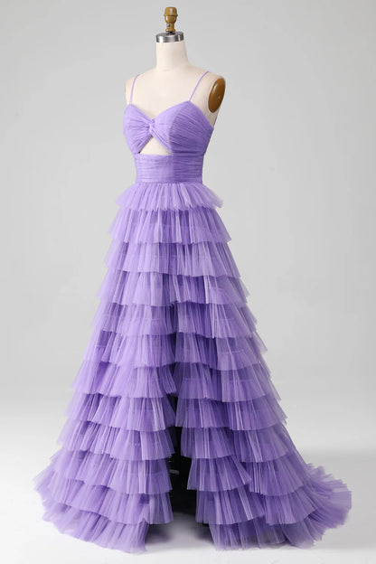 Tulle A-Line Tiered Long Prom Dress with Slit