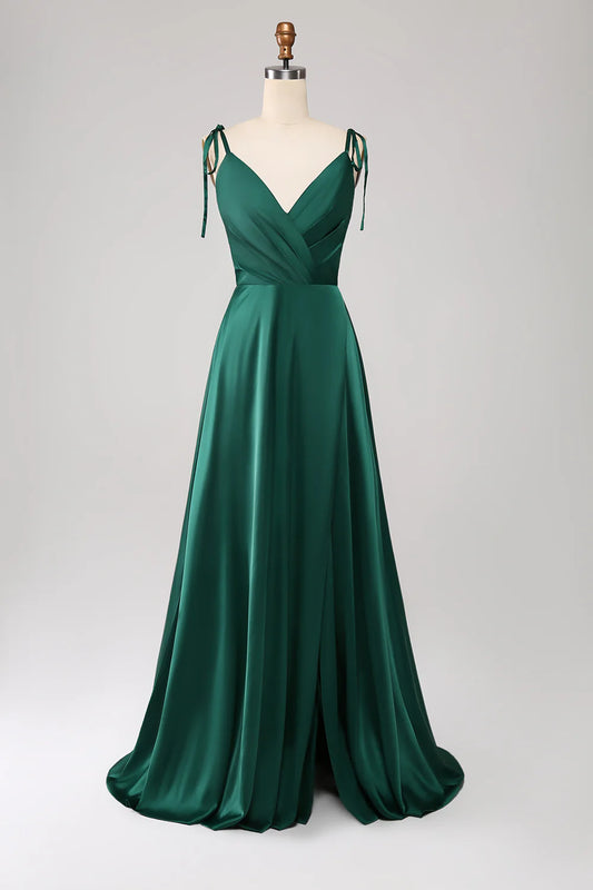 Beaira Simple Dark Green Spaghetti Straps Ruched Prom Dress with Slit