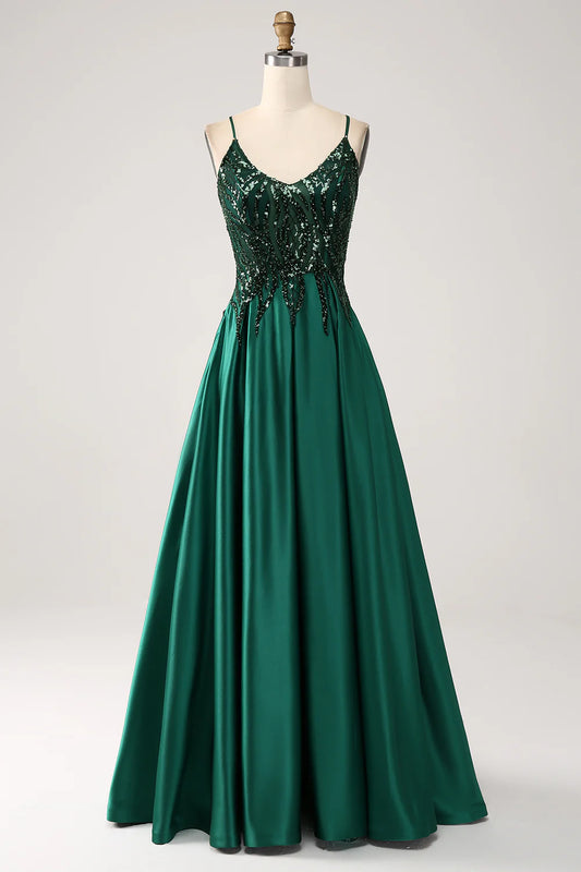 Beaira Dark Green A-Line Spaghetti Straps Long Prom Dress