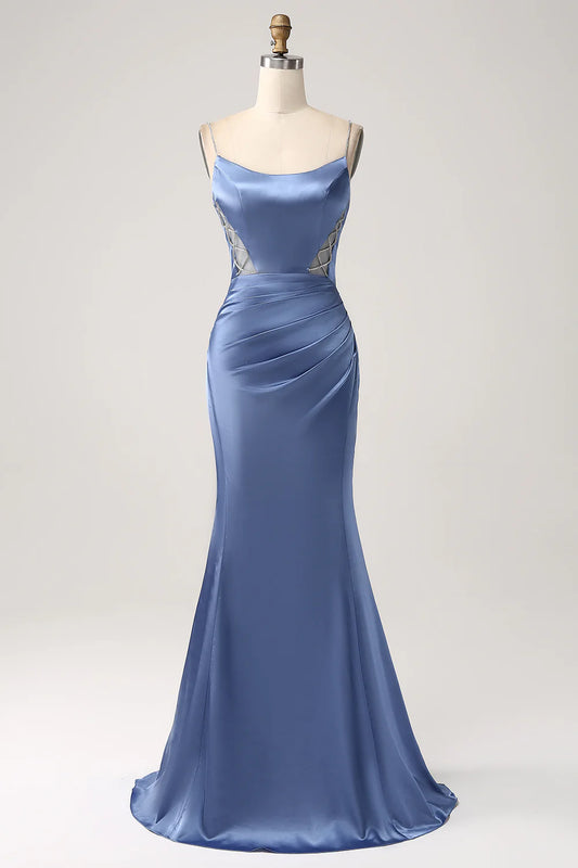 Beaira Mermaid Grey Blue Satin Spaghetti Straps Long Prom Dress