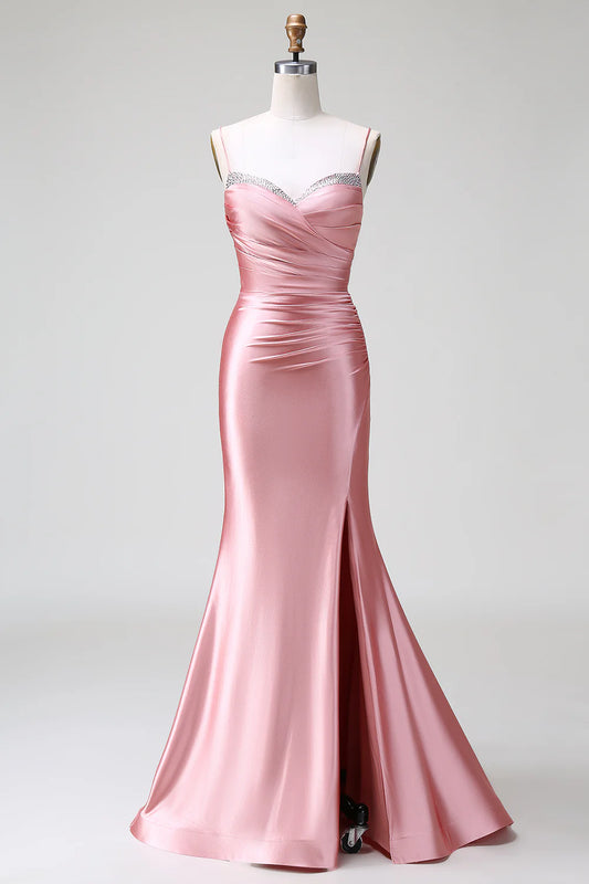 Blush Mermaid Spaghetti Straps Satin Prom Dress with Slit