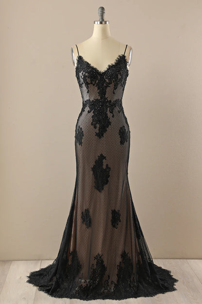 Black V neck Beaded Prom Dress