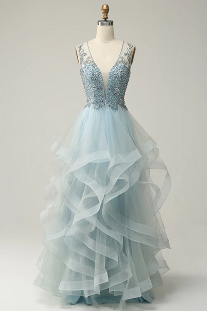 A Line Deep V Neck Light Blue Long Prom Dress with Appliques