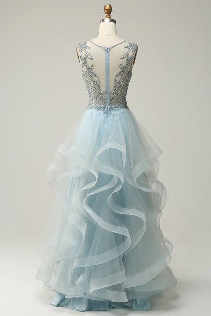 A Line Deep V Neck Light Blue Long Prom Dress with Appliques