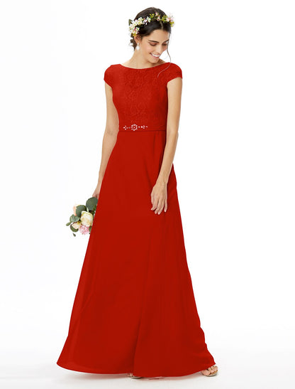 Sheath / Column Bridesmaid Dress Bateau Neck Short Sleeve Elegant Floor Length Chiffon / Lace with Lace / Sash / Ribbon / Bow(s)