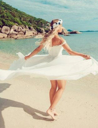 Beach Sexy Boho Wedding Dresses A-Line Off Shoulder Cap Sleeve Court Train Chiffon Bridal Gowns With Split Front Solid