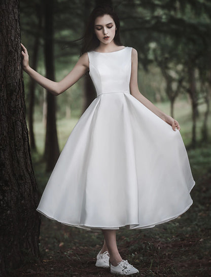 Reception Little White Dresses Wedding Dresses A-Line Scoop Neck Sleeveless Tea Length Satin Bridal Gowns With Solid