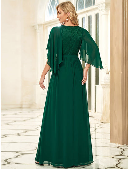 A-Line Mother of the Bride Dress Plus Size Elegant V Neck Floor Length Chiffon Tulle Half Sleeve with Sash / Ribbon