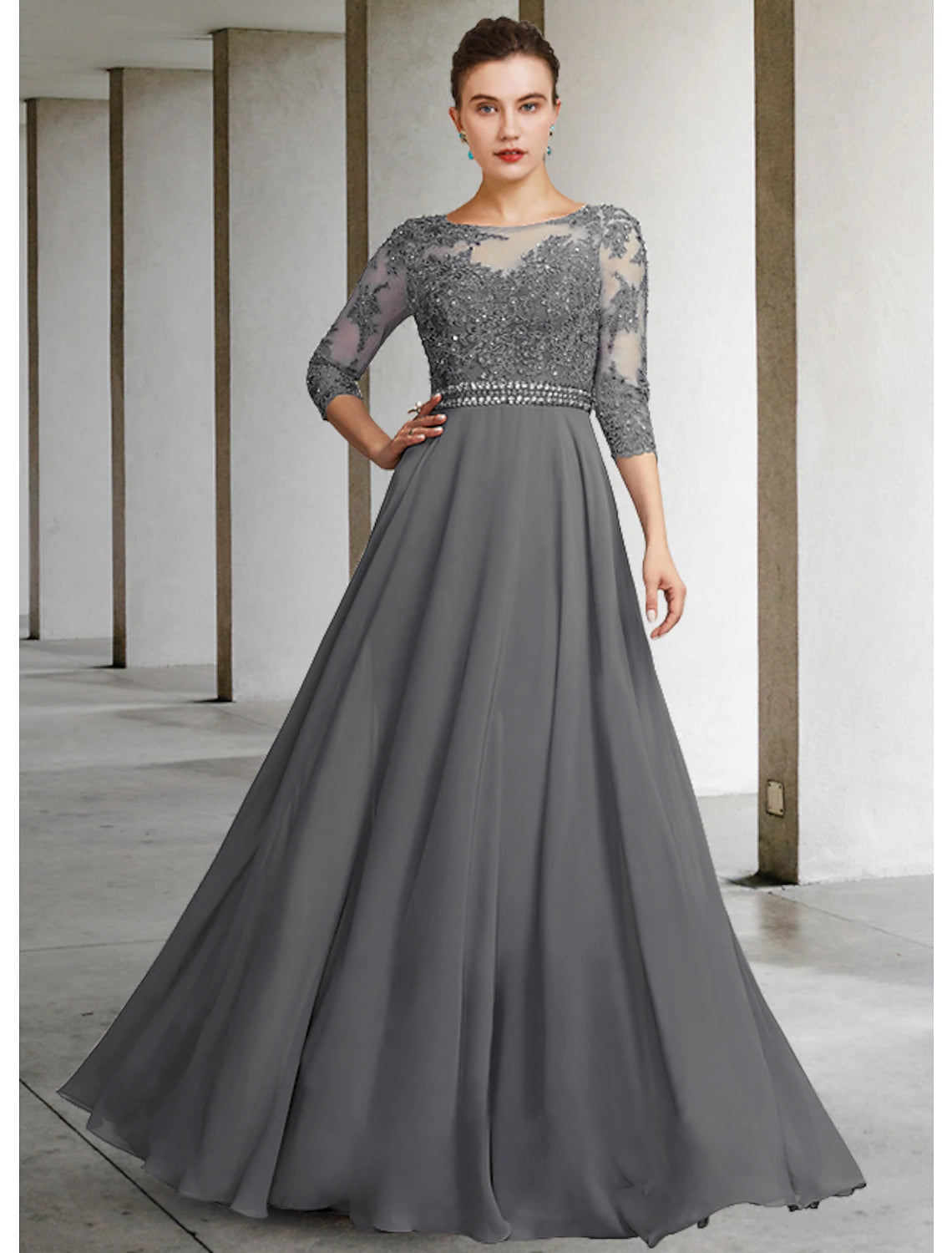 A-Line Mother of the Bride Dress Elegant Jewel Neck Floor Length Chiffon Lace 3/4 Length Sleeve with Pleats Appliques