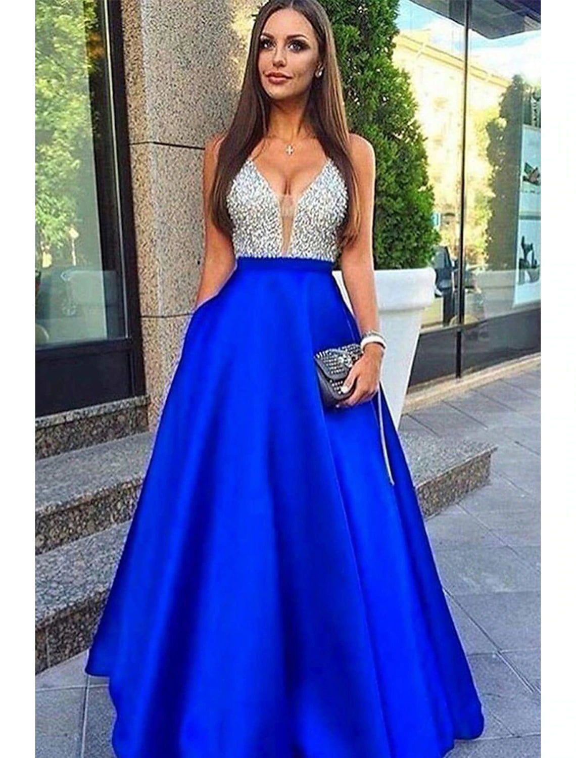 A-Line Prom Dresses Sparkle & Shine Dress Formal Prom Floor Length Sleeveless V Neck Pocket Stretch Satin Backless V Back with Beading Pocket