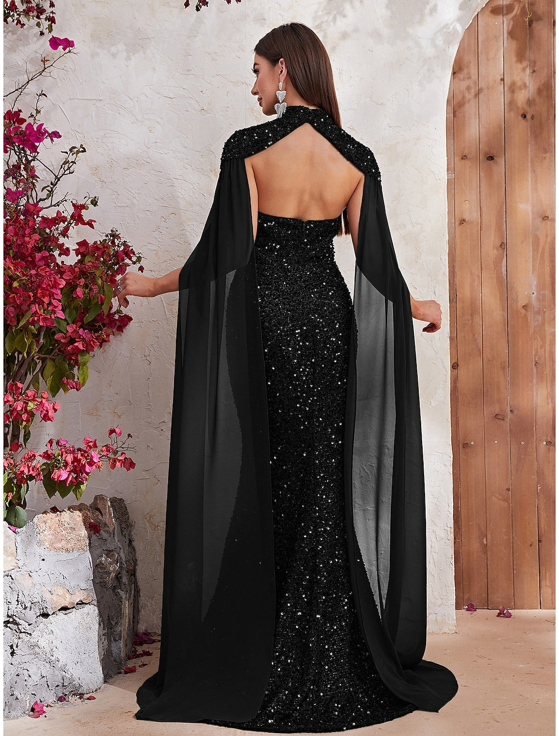 Mermaid / Trumpet Evening Gown Backless Dress Formal Wedding Reception Sweep / Brush Train Sleeveless High Neck Capes Sequined with Sequin