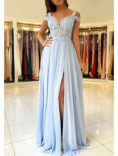 A-Line Empire Prom Formal Evening Dress V Neck Short Sleeve Floor Length Chiffon with Appliques