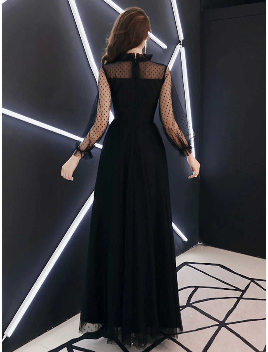 A-Line Black Dress Elegant Party Wear Prom Dress High Neck Long Sleeve Floor Length Lace with Ruffles