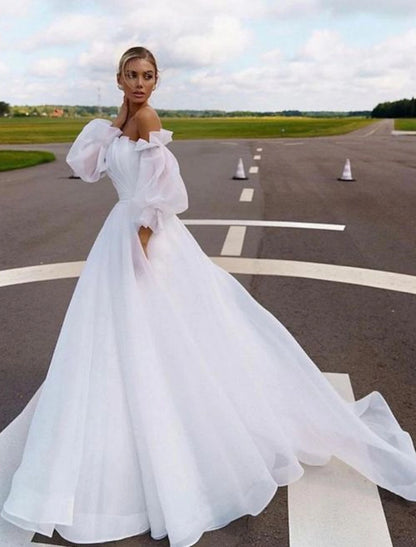 Beach Casual Wedding Dresses A-Line Off Shoulder Long Sleeve Court Train Organza Bridal Gowns