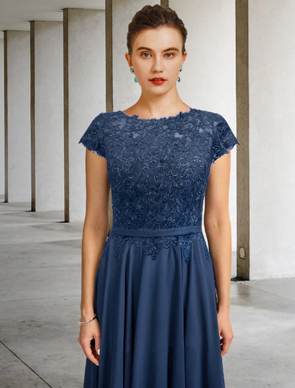 A-Line Mother of the Bride Dress Luxurious Elegant Jewel Neck Tea Length Chiffon Lace Cap Sleeve with Pleats Appliques