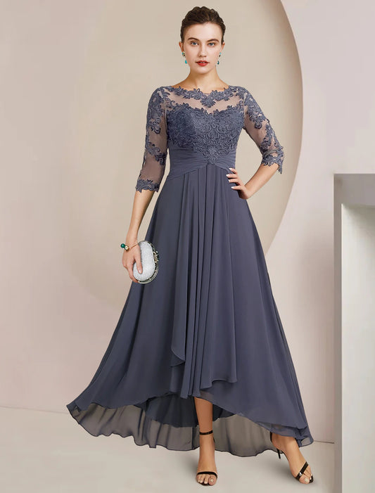 A-Line Mother of the Bride Dress Wedding Guest Elegant High Low Scoop Neck Asymmetrical Tea Length Chiffon Lace 3/4 Length Sleeve with Pleats Appliques