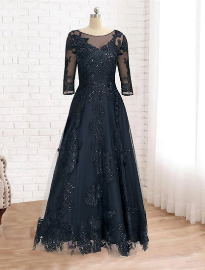 A-Line Mother of the Bride Dress Luxurious Elegant Jewel Neck Floor Length Lace Tulle Imitated Silk 3/4 Length Sleeve with Sequin Appliques