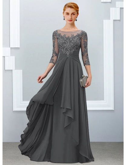 A-Line Mother of the Bride Dress Elegant Jewel Neck Floor Length Chiffon Lace Half Sleeve with Ruffles Appliques