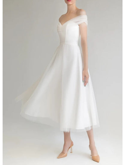 Bridal Shower Little White Dresses Wedding Dresses A-Line Off Shoulder Sleeveless Tea Length Satin Bridal Gowns With Solid Color