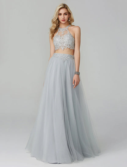 Two Piece Empire Prom Formal Evening Dress Halter Neck Sleeveless Floor Length Lace with Appliques