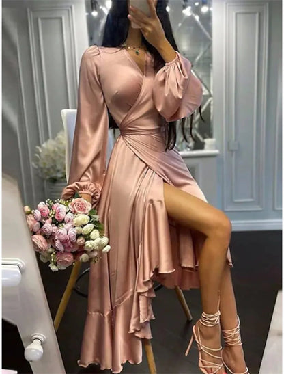 A-Line Wedding Guest Dresses High Low Dress Party Wear Semi Formal Asymmetrical Long Sleeve V Neck Satin with Ruffles