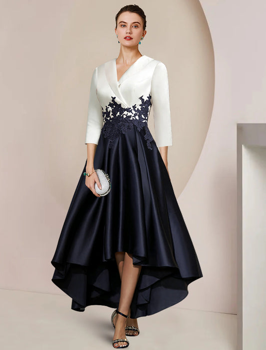 A-Line Mother of the Bride Dress Formal Wedding Guest Elegant High Low Shirt Collar Asymmetrical Tea Length Satin Lace 3/4 Length Sleeve with Appliques