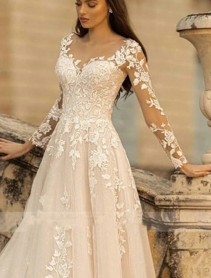 Beach Formal Wedding Dresses A-Line V Neck Long Sleeve Sweep / Brush Train Lace Bridal Gowns With Flower Solid Color