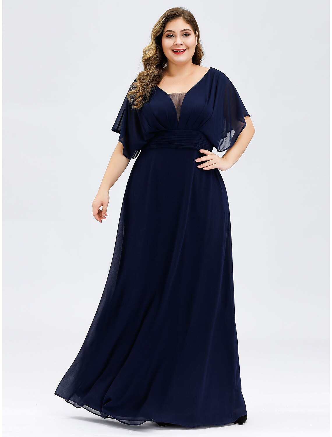 A-Line Elegant Formal Evening Dress V Neck Short Sleeve Floor Length Chiffon with Draping