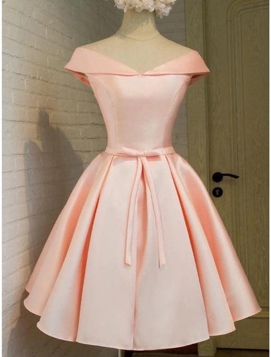 A-Line Homecoming Dresses Elegant Dress Holiday Graduation Short / Mini Sleeveless Off Shoulder Pink Dress Satin with Strappy