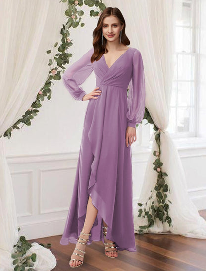 A-Line Prom Dresses Empire Dress Wedding Guest Prom Ankle Length Long Sleeve V Neck Chiffon with Pleats