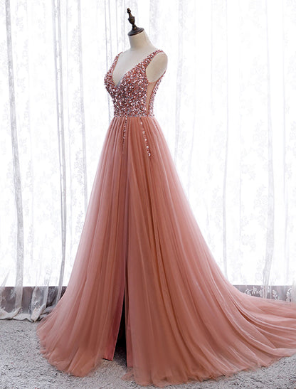 A-Line Prom Dresses Elegant Dress Party Wear Wedding Party Court Train Sleeveless V Neck Polyester with Pearls Embroidery