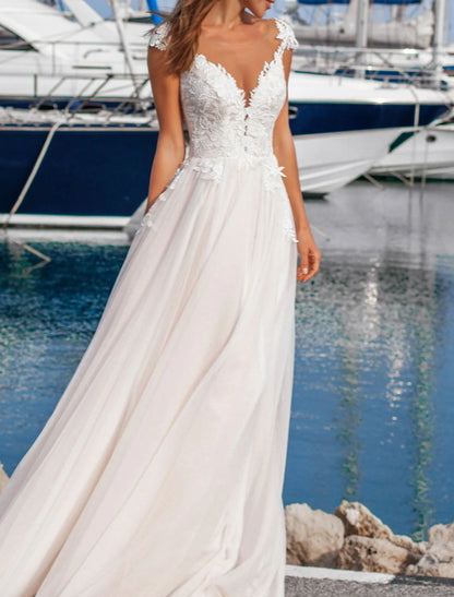 Beach Formal Wedding Dresses A-Line V Neck Cap Sleeve Floor Length Lace Bridal Gowns With Appliques