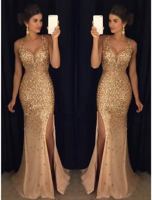 Mermaid / Trumpet Prom Dresses Luxurious Dress Formal Wedding Party Floor Length Sleeveless Sweetheart Tulle with Rhinestone Slit