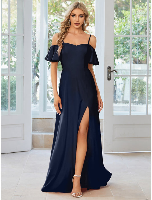 A-Line Wedding Guest Dresses High Split Dress Formal Black Tie Floor Length Short Sleeve Off Shoulder Stretch Fabric with Slit