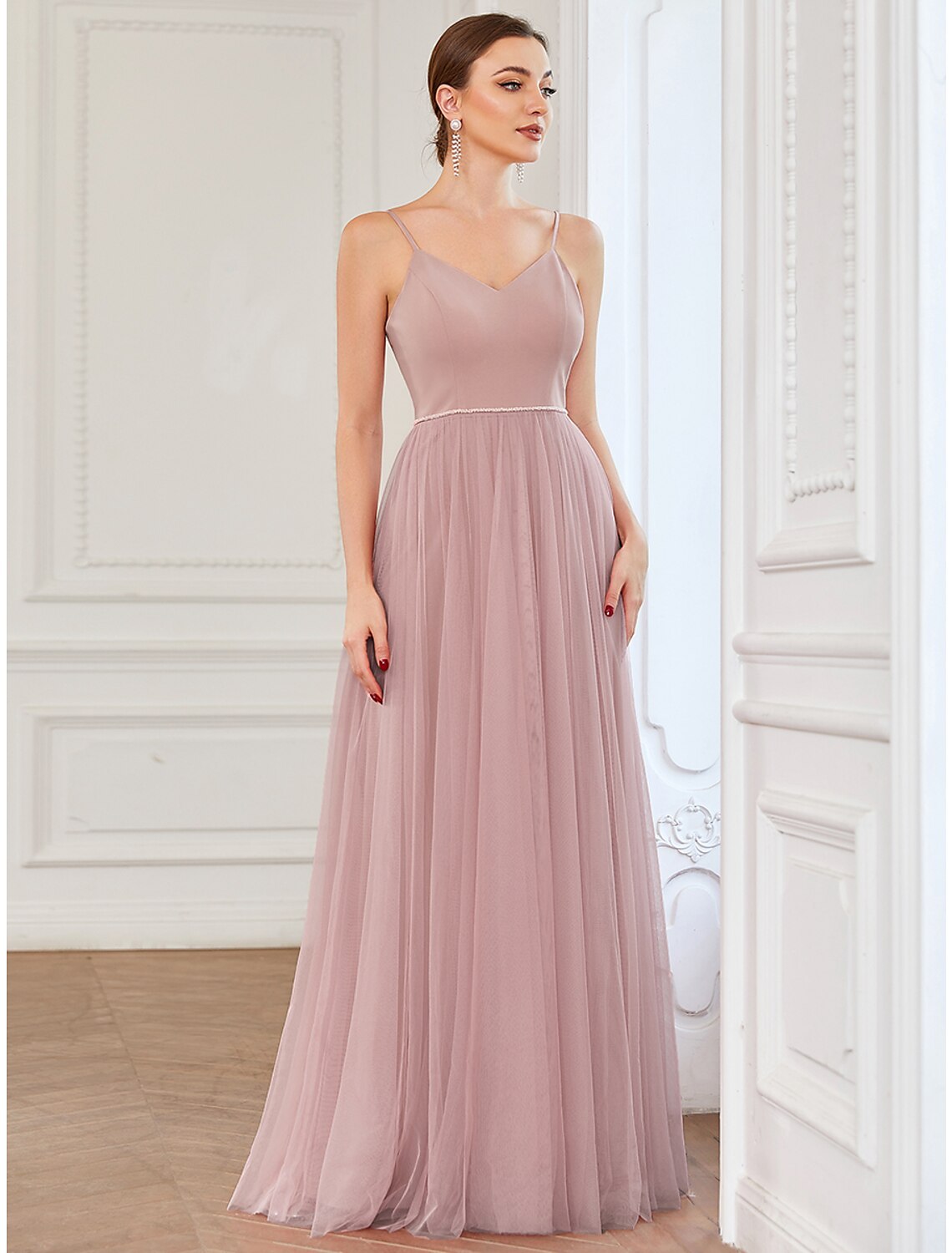 A-Line Prom Dresses Vintage Dress Wedding Guest Prom Floor Length Sleeveless V Neck Bridesmaid Dress Tulle V Back with Pleats Draping