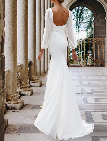 Hall Casual Wedding Dresses Sheath / Column Square Neck Long Sleeve Sweep / Brush Train Chiffon Bridal Gowns With Split Front