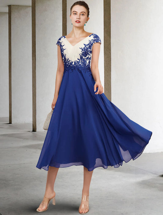 A-Line Mother of the Bride Dress Plus Size Elegant V Neck Tea Length Chiffon Lace Cap Sleeve with Appliques Side-Draped